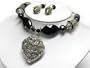 Silver Metal Heart Midieval Glass Black Bead Necklace Earring Set Costume Jewelry