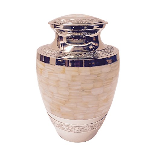 New Adult Full Size Mother of Pearl Cremation Urn, Solid Brass Funeral