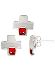 Sterling Silver Matte-finish Greek Cross Earrings (10mm tall) & Pendant Slide (10mm tall) Set, w/ Princess Cut Ruby-colored CZ Stones
