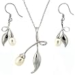 Silver Pearl Necklace Dangle Earring Modern Leaf Design Jewelry Set in Gift Box Bucasi SALE