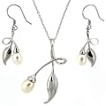 Silver Pearl Necklace Dangle Earring Modern Leaf Design Jewelry Set in Gift Box Bucasi SALE