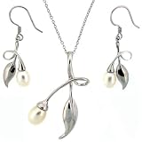 Silver Pearl Necklace Dangle Earring Modern Leaf Design Jewelry Set in Gift Box Bucasi SALE