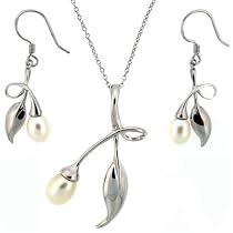 Silver Pearl Necklace Dangle Earring Modern Leaf Design Jewelry Set in Gift Box Bucasi SALE