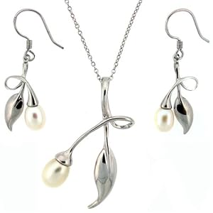 Silver Pearl Necklace Dangle Earring Modern Leaf Design Jewelry Set in Gift... by