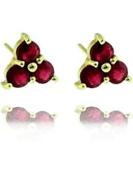 14K Yellow Gold Round Ruby Gemstone Flower Earrings, Birthstone of July