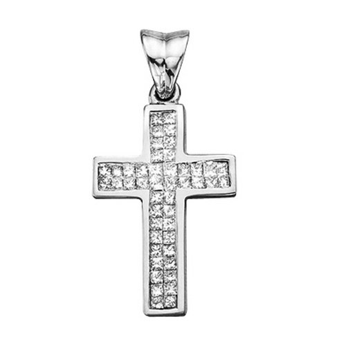 14K White Gold 1 ct. Diamond Cross Pendant with Chain