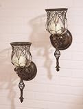 Set of 2 Hurricane Wall Candle Sconces Old World Rustic Brown Rust Finish with Blown Glass