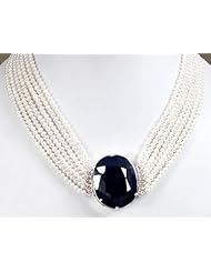 7 Strands Natural Fresh Water Pearl Beaded Designer Necklace with 925 Sterling Silver Oval Sapphire Clasp