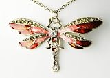 Rose Painted Enamel Bug Wing Crystal Rhinestone Small Dragonfly Pendant Necklace