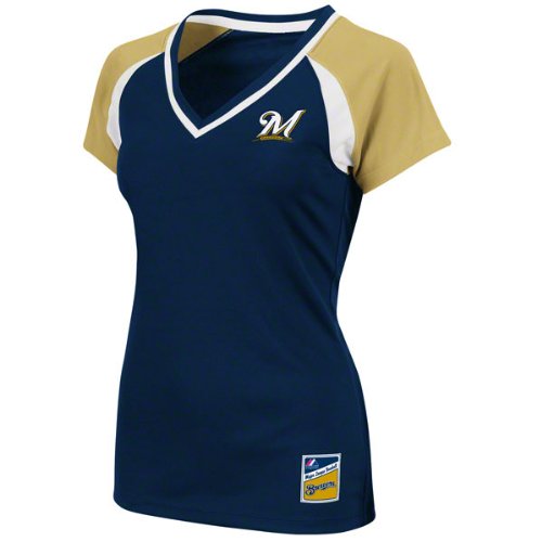 MLB Milwaukee Brewers Women's Short Sleeve Raglan Deep V-Neck Synthetic Tee (Athletic Navy/Har Gold/White, Small)