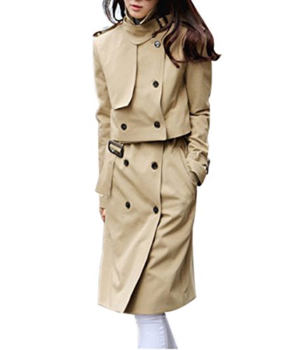 Komene Women's High Collar Long Trench Coat with Vest Wear Separately