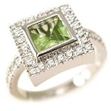 18K White Gold Ring, Set with a Square-Shape Peridot Color-Stone and Surrounded by Pave Set Diamonds.