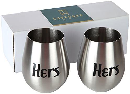 Hers and Hers: Set of 2 Stemless Stainless Steel Large Unbreakable and Shatterproof 18 oz Wine Glasses