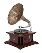 Antique Replica Dark Wood Phonograph Gramophone with Large Engraved Brass Horn