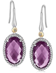 18K Yellow Gold and Sterling Silver Diamond Embellished Amethyst Drop Earrings