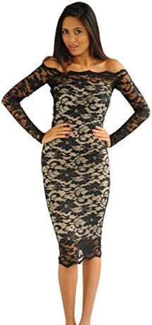 Glamzam Women's Eliza Off Shoulder Long Sleeve Lace Midi Dress Black Small
