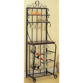 <b>Black Metal & Cherry Finish Wood Kitchen Baker's Rack w/Wine Rack</b>