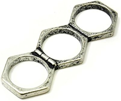 Antique Silver Tone Hinged Knuckleduster Hexagonal Geometric Three Finger Knuckle Ring Sz 7