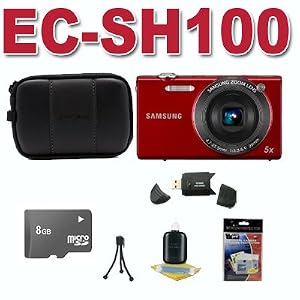 Samsung SH100 Red 14.2 MP Digital Camera, Wide-Angle 5x Zoom Lens, Built-In WiFi for Instant Web Upload, 3″ Touch-Screen LCD, HD Video, Background Defocus. Bundle Includes 8 GB Memory Card, Card Reader, Deluxe Carrying Case, Mini Tripod, and 3Pcs. Lens Cl