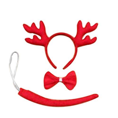 TAZOY 3PCs Joyous Red Dear Horn Shaped Headband Tie Tail Halloween Party Costume
