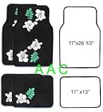 A Set of 4 Universal Fit Plush Hawaiian Hibiscus Floral Carpet Floor Mats for Cars / Truck - Black Floor Mats with White Hibiscus