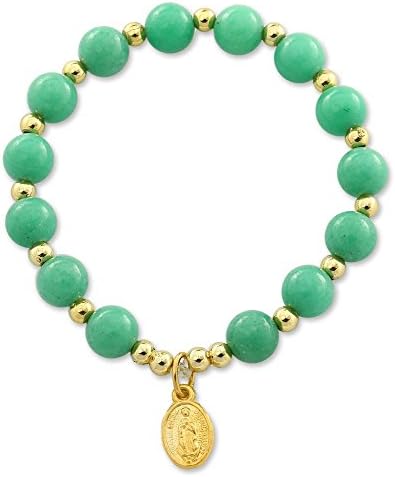 Mountain Jade Lite Green Beaded Bracelet with Lady of Guadalupe Gold Plated Medal