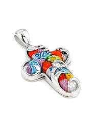 Sterling Silver Millefiori Elegant Wave Overlay Multi Color Cross Pendant