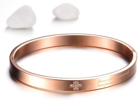 The Lantern Fashion Stainless Steel Women's Bracelets Shinning Crystal Drill Rose Gold Color Wristband Cuff Bands Cross Charm Lady Gifts 6.4 Inch Length