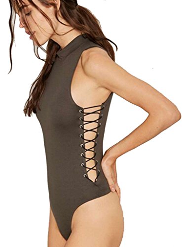 Blooming Jelly Women's Sleeveless High Neck Side Lace Up Tank Tops Bodycon Bodysuit