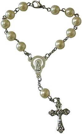 First Communion Christening Baptism Confirmation Pearl Rosary Bracelet Party Favors Set of 10 Bracelets - Ivory Pearl