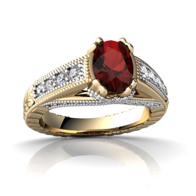14K Yellow Gold Oval Genuine Garnet Antique Style Ring