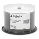 Verbatim DVD-R 4.7GB 8X DataLifePlus White Inkjet Printable, Hub Printable 50pk Spindle