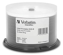 Verbatim DVD-R 4.7GB 8X DataLifePlus White Inkjet Printable, Hub Printable 50pk Spindle