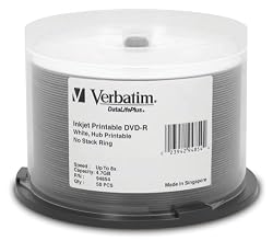 Verbatim DVD-R 4.7GB 8X DataLifePlus White Inkjet Printable, Hub Printable 50pk Spindle