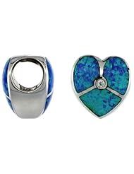 Sterling Silver Blue Synthetic Opal Inlay Heart Bead Charm w/ CZ stones 7mm Hole, 1/2 inch Diameter