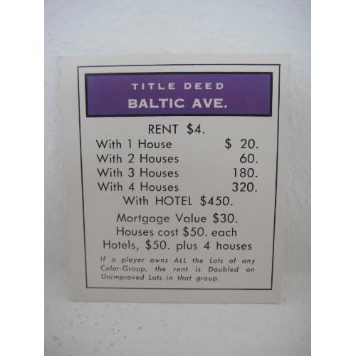 1961 Monopoly Replacement Parts Tittle Deed Baltic Avenue