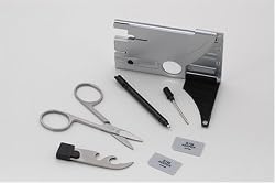 Travel Card Tool Kit with Flashlight, 3X Magnifier, Scissors, SIM card holder, Screwdriver, Ballpoint/PDA Pen and Can/Bottle Opener