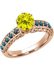 1.10 Ct Round Canary and Blue Diamond 925 Rose Gold Plated Silver Ring