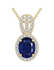 14K Yellow Gold Oval Cut Blue Sapphire And Round Diamond Pendant