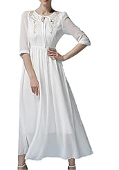 V-neck Shift General Print Embroidered Vintage Chiffon/Polyester Elbow Length Sleeves Maxi Dress 