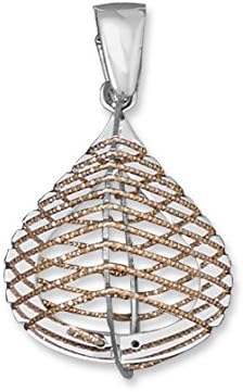 Two Tone Cage Design Pendant Rhodium plated sterling silver 3D pear shape drop wrapped with 14 karat rose gold plated wire. The drop is approximately 15mm x 25mm. The pendants hangs approximately 35mm. .925 Sterling Silver
