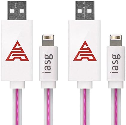 Iasg [MFi Certified] 2xPack Flat Visible LED Lighted Up Charging Lightning to USB Cable for Apple iPhone 5s 6s 7 Plus iPhoneSE iPad iPod-3.3FT(1 meter)-Pink Purple Light