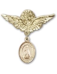 14K Gold Baby Badge with St. Blaise Charm and Angel with Wings Badge Pin