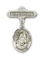 Sterling Silver Baby Badge with St. Edburga of Winchester Charm and Godchild Badge Pin