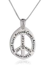 Sterling Silver "What Goes Around Comes Around, Love, Joy, Peace, Happiness" Peace-Sign Pendant Necklace , 18"