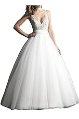 Sexy V-neck  Crystal Beaded Crystals Natural   Waistline Satin  Ball Gown Wedding Dress 