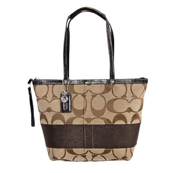 Women Signature Khaki/Mahogany Jacquard Dual Handle Tote: Khaki/Mahogany Tote