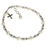 Sterling Silver Children's First Communion Bracelet for Girls with Freshwater Pearls, Bali Silver and Cross in Gift Box, 6-11 years (6 - 6.5