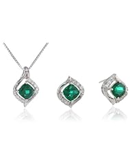 Sterling Silver Created Emerald and Created White Sapphire Cushion Stud Earrings and Pendant Necklace, 18"