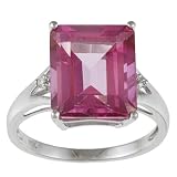 10k White Gold Emerald Cut Pink Topaz and Diamond Ring